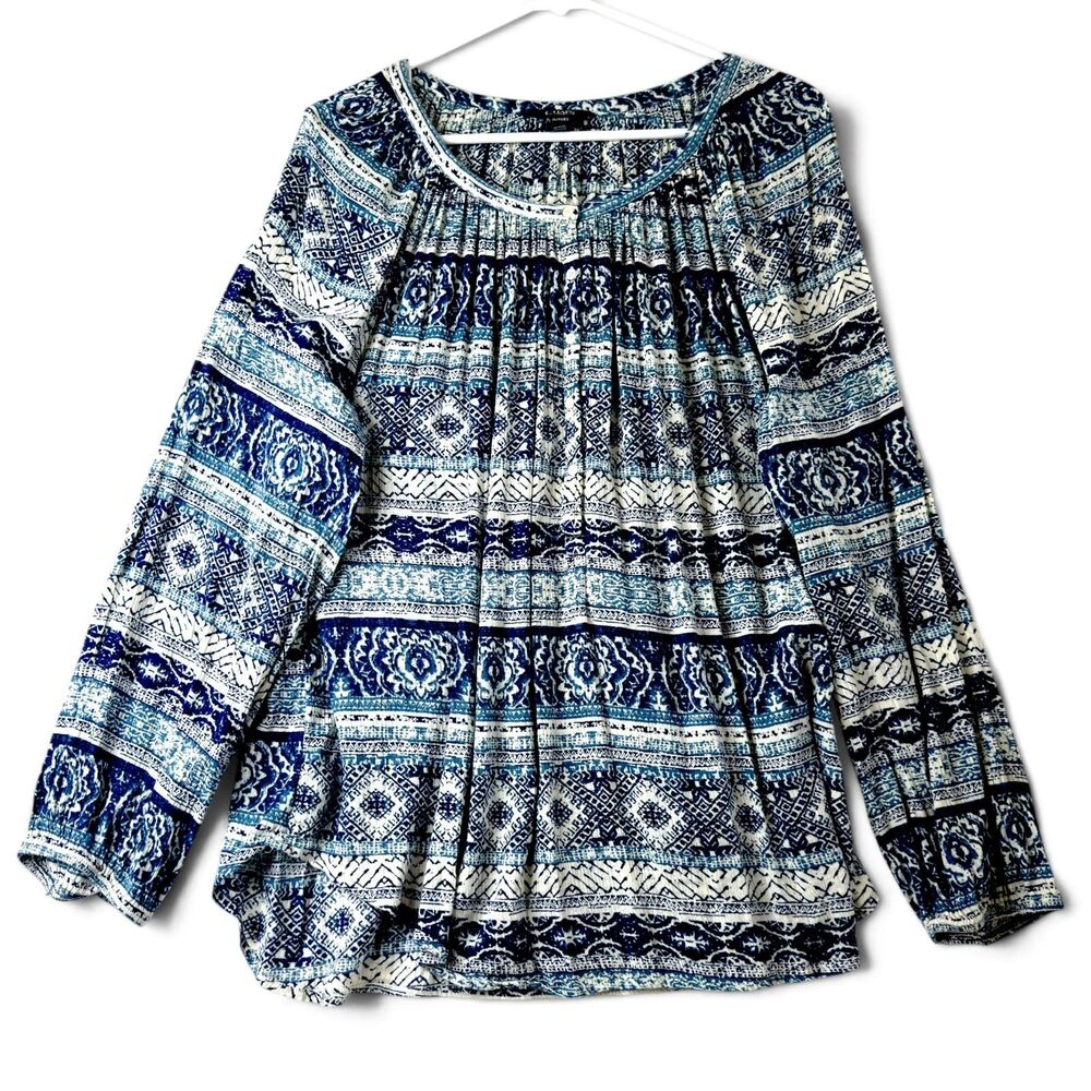 chaps denim boho blue white paisley print peasant blouse long sleeve xl